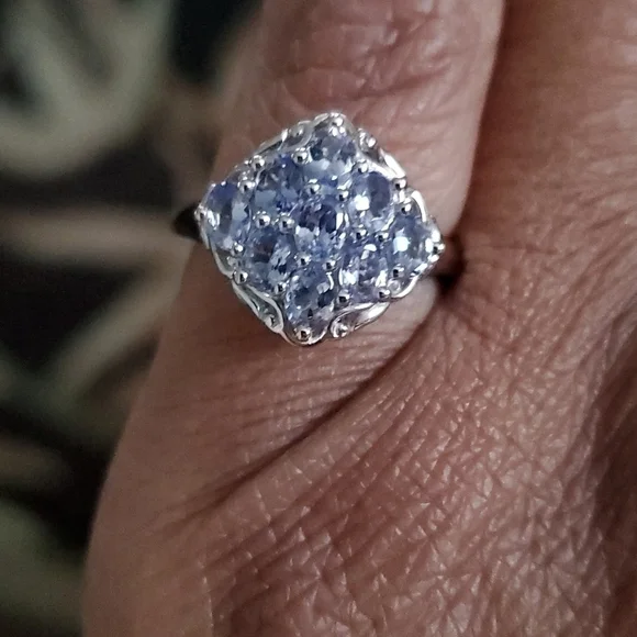 Tanzanite Cluster Ring Platinum Over Sterling Silver Size 6 - Picture 4 of 10